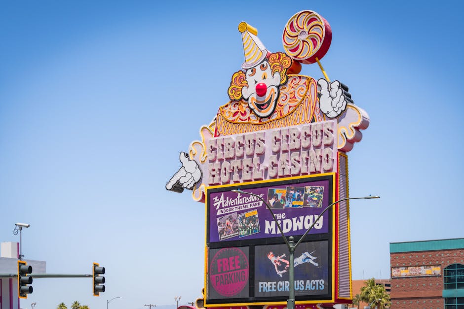 Bright daytime view of the famous Circus Circus Hotel and Casino sign on the Las Vegas Strip.