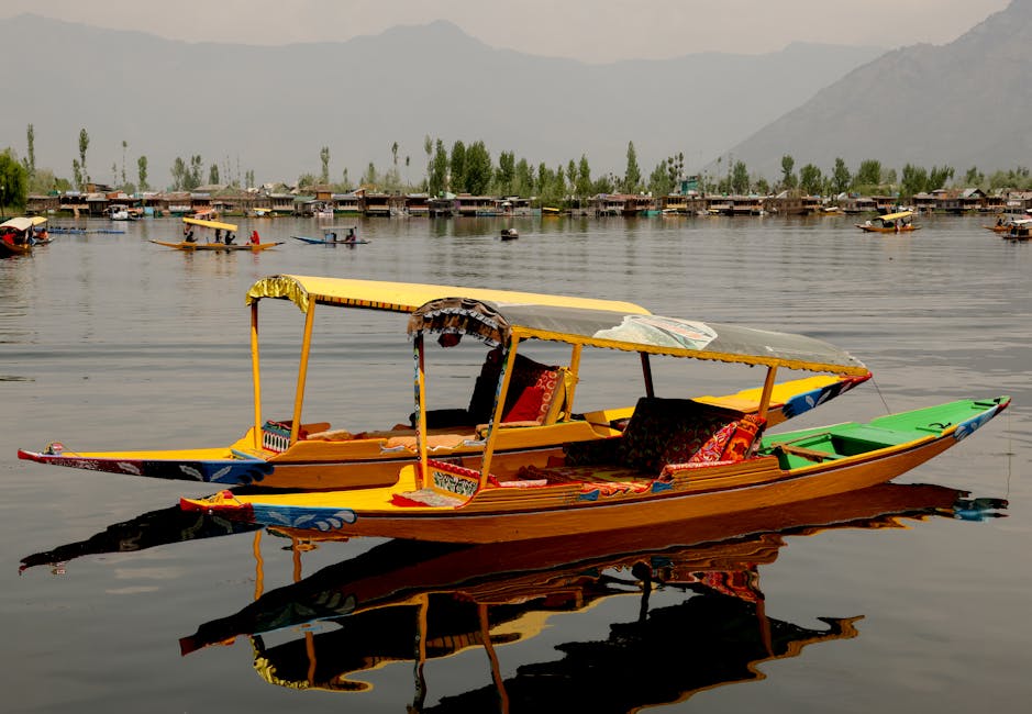 Vibrant shikara boats float gracefully on Dal Lake, Srinagar, with a backdrop of serene mountains.